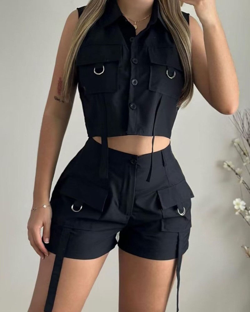 Turn down Collar Buttoned Pocket Design Top & Shorts Set