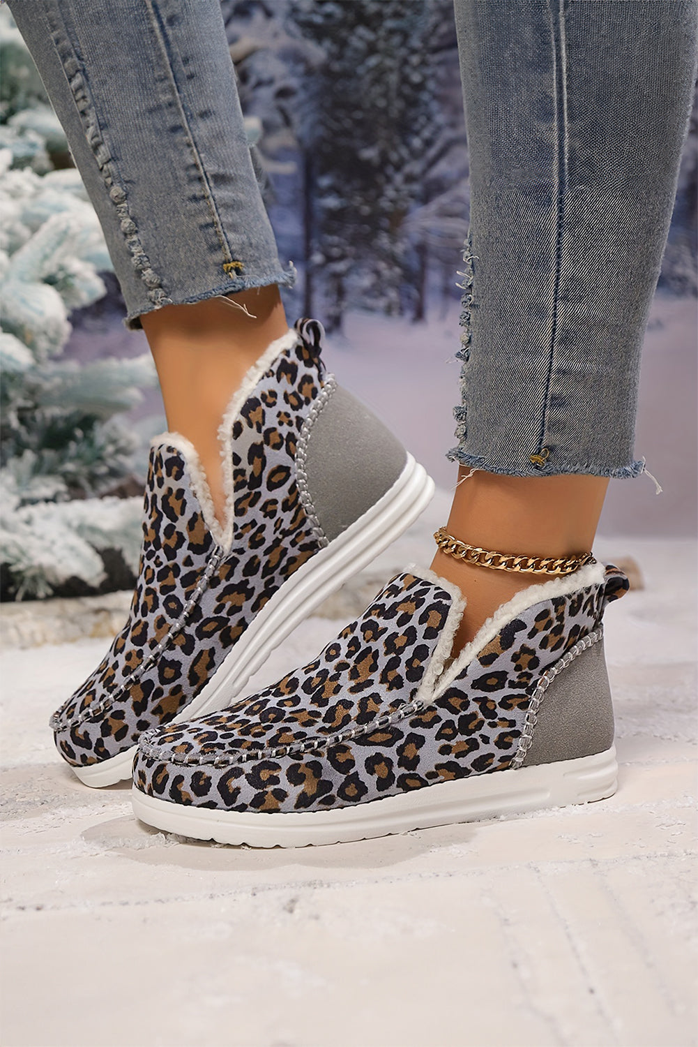 Dark Grey Leopard Print Ankle Patched Flat Winter Fur Boots