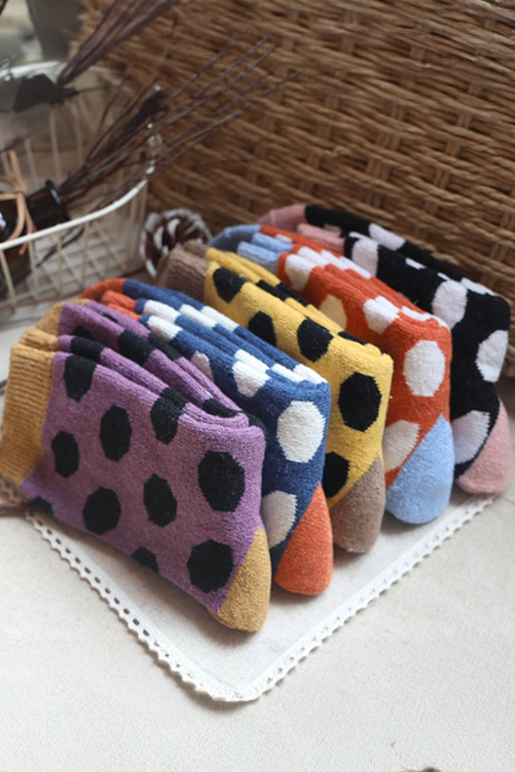 Grapefruit Orange Polka Dot Color Block Thick Soft Crew Socks