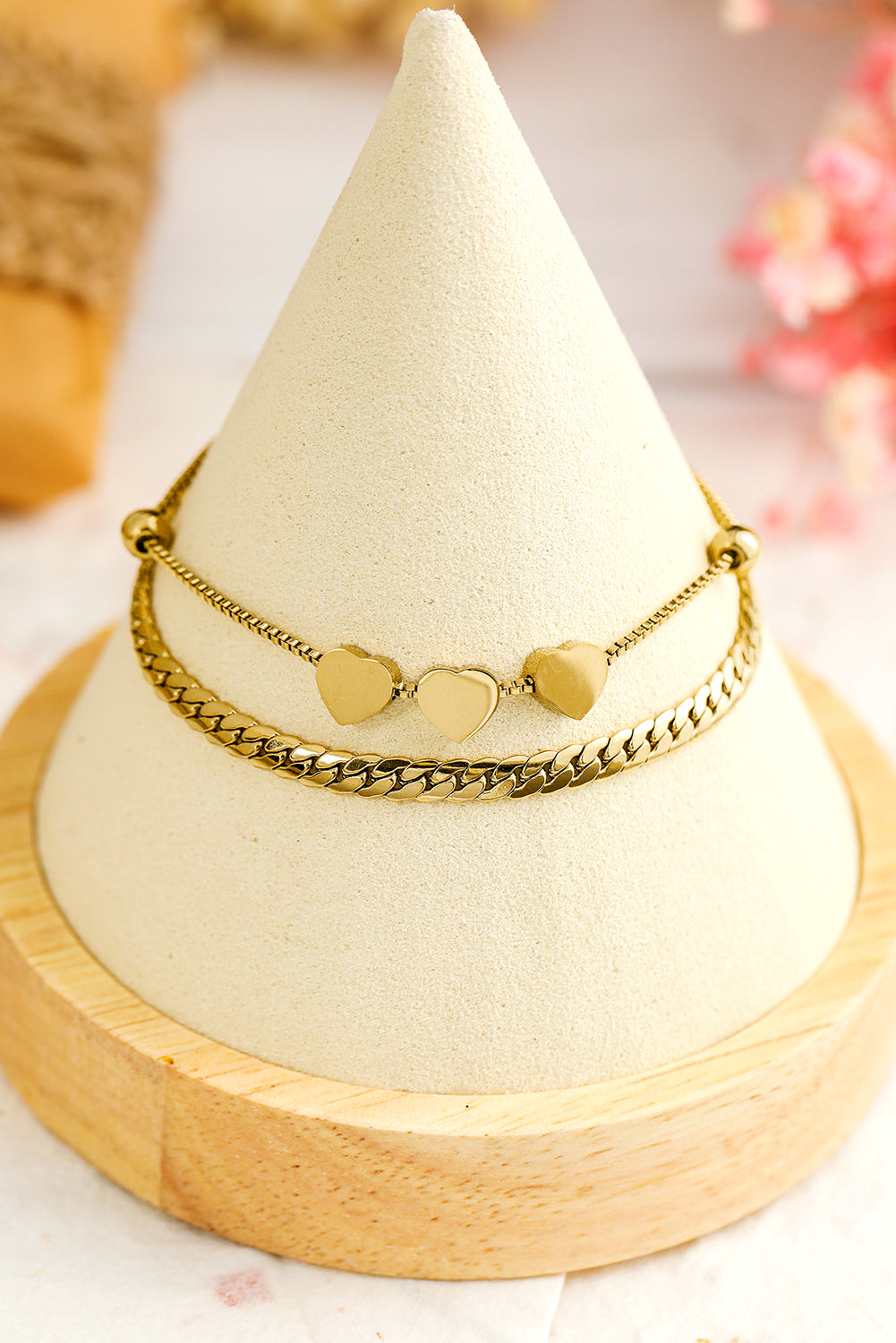 Gold Triple Heart Double Layer Adjustable Chain Bracelet