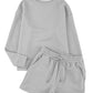 Gray Textured Long Sleeve Top and Drawstring Shorts Set