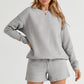 Gray Textured Long Sleeve Top and Drawstring Shorts Set