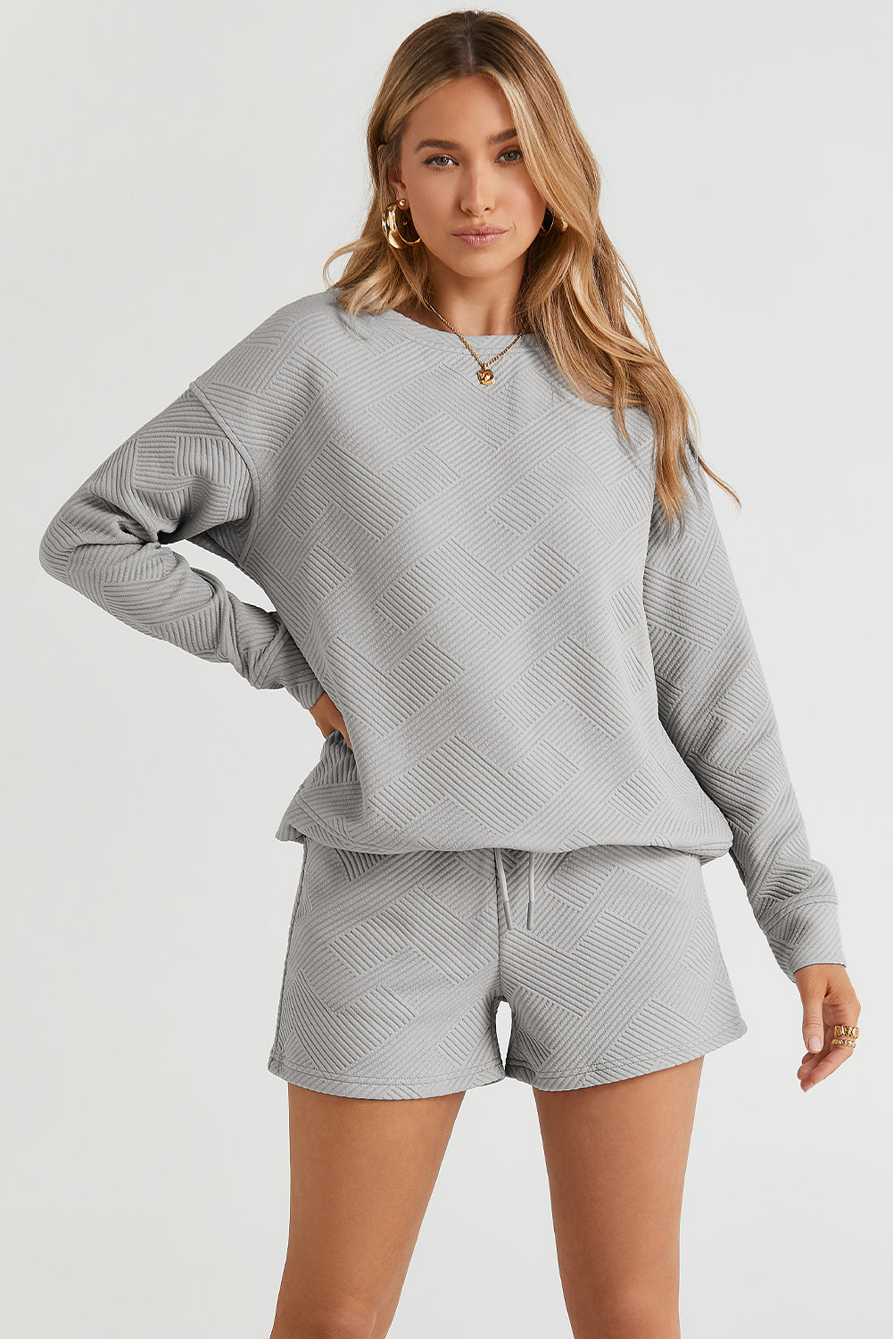 Gray Textured Long Sleeve Top and Drawstring Shorts Set