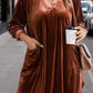 Coffee Plus Size V Neck Collared Pleated Back Rounded Hem Velvet Dress