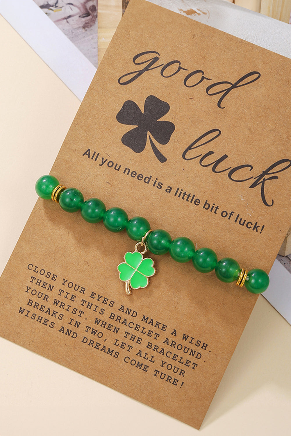 Blackish Green St Patricks Shamrock Beaded Elastic Bracelet