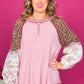 Pink Checkered Paisley Patchwork Raglan Sleeve Seamed Plus Size Top