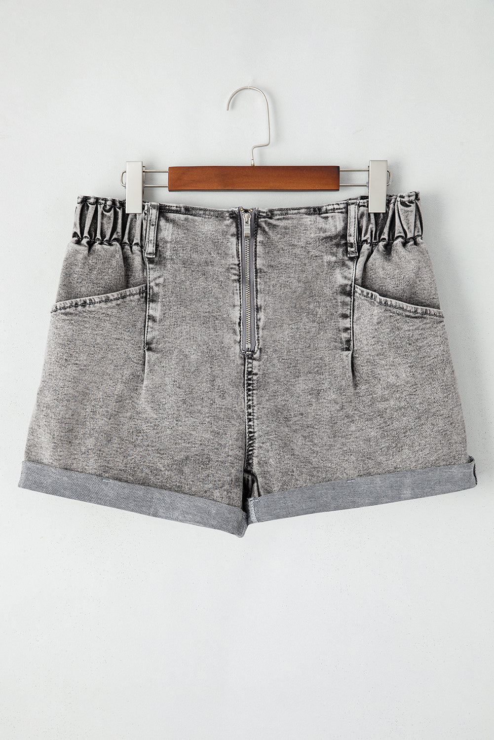 Gray Zipped Light Wash Cuffed Edge Denim Shorts