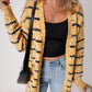 Beige Striped Pom Pom Knit Open Front Long Cardigan