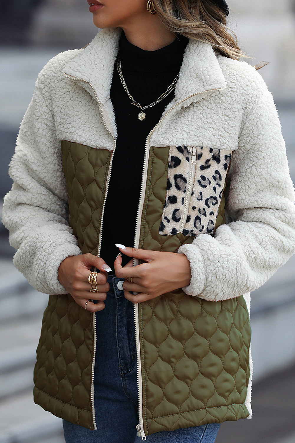 Moss Green Sherpa Quilted Leopard Patchwork Stand Neck Zip Up Jacket