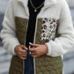 Moss Green Sherpa Quilted Leopard Patchwork Stand Neck Zip Up Jacket