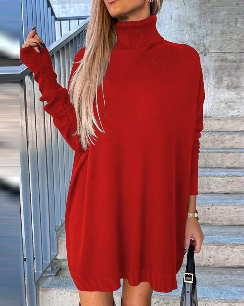 High Neck Long Sleeve Knit Sweater Dress