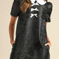 Black Floral Embossed Puff Sleeve Colorblock Bow Collared Mini Dress