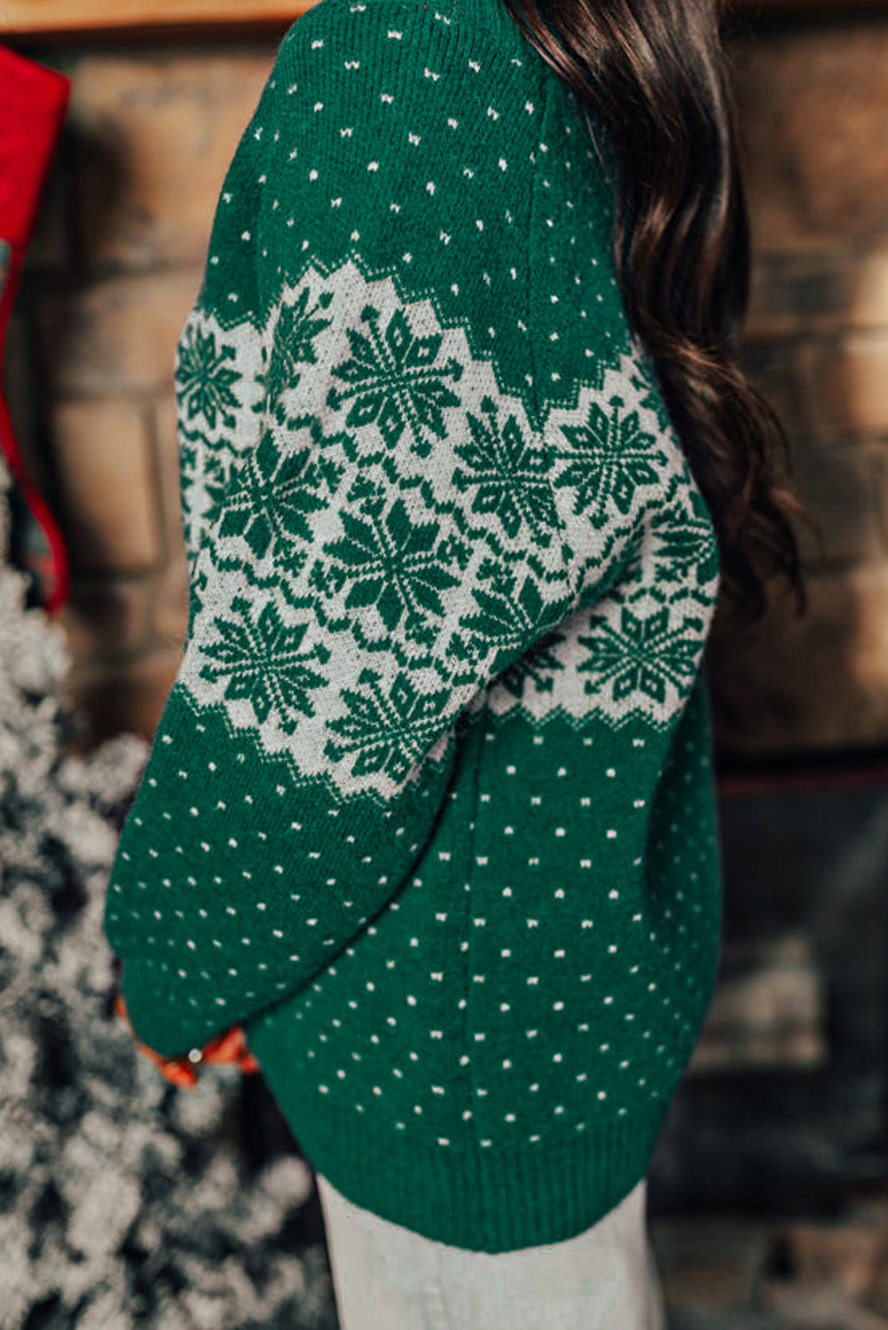 Green Christmas Snowflake Dotted Print Round Neck Sweater