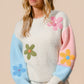 Multicolour Floral Embroidered Colorblock Fuzzy Drop Shoulder Sweater