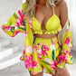 3PCS Lantern Sleeve Shirt & Floral Print Shorts Set With Crop Top