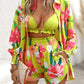 3PCS Lantern Sleeve Shirt & Floral Print Shorts Set With Crop Top