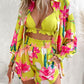 3PCS Lantern Sleeve Shirt & Floral Print Shorts Set With Crop Top