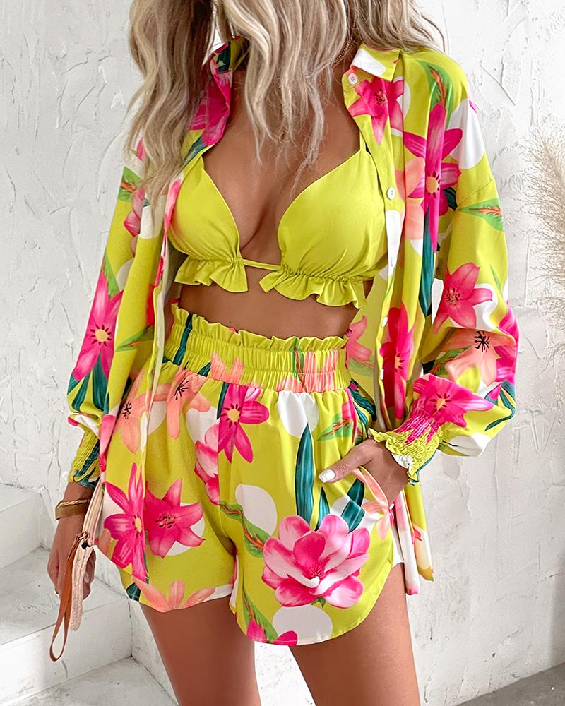 3PCS Lantern Sleeve Shirt & Floral Print Shorts Set With Crop Top