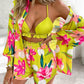 3PCS Lantern Sleeve Shirt & Floral Print Shorts Set With Crop Top