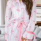 Pink Satin Bow Bell Sleeve Shirt and Ruffled Shorts Pajama Set