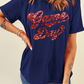 Blue Glittering Game Day Graphic Cuffed Sleeve Crew Neck T Shirt