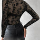 Floral Print Flocking Mock Neck Long Sleeve T Shirt Casual Sheer Mesh Slim Fit Blouse Top