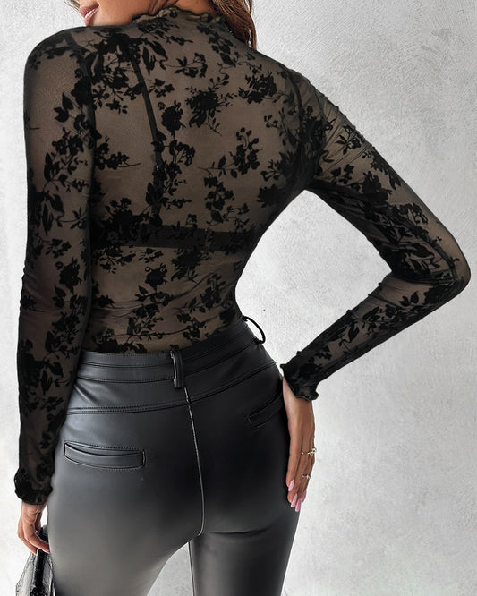 Floral Print Flocking Mock Neck Long Sleeve T Shirt Casual Sheer Mesh Slim Fit Blouse Top