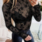 Floral Print Flocking Mock Neck Long Sleeve T Shirt Casual Sheer Mesh Slim Fit Blouse Top