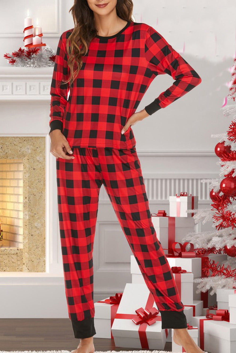 Fiery Red Christmas Reindeer Printed Long Sleeve Lounge Set