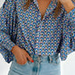 Sky Blue Abstract Print Shirred Cuff Buttoned Oversized Shirt