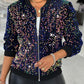 Allover Sequin Baseball Collar Jacket Zip Up Casual Coat