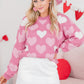 Pink Pearled Heart Print Valentines Crew Neck Sweater