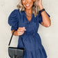 Blue Drawstring High Waist Puff Sleeve Denim Mini Dress