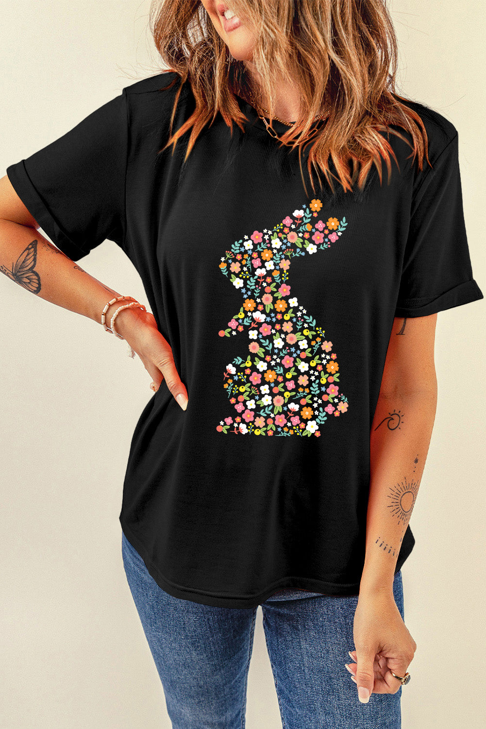 Black Colorful Floral Bunny Graphic Easter T Shirt