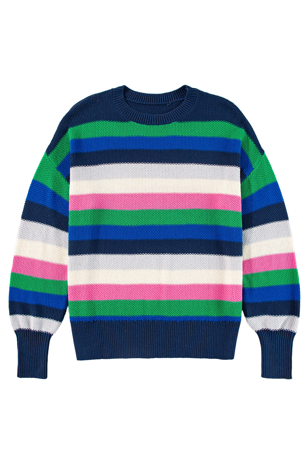 Bright Green Rainbow Striped Crew Neck Drop Shoulder Sweater