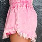 Pink Washed Wide Smocked Waistband Frayed Denim Shorts