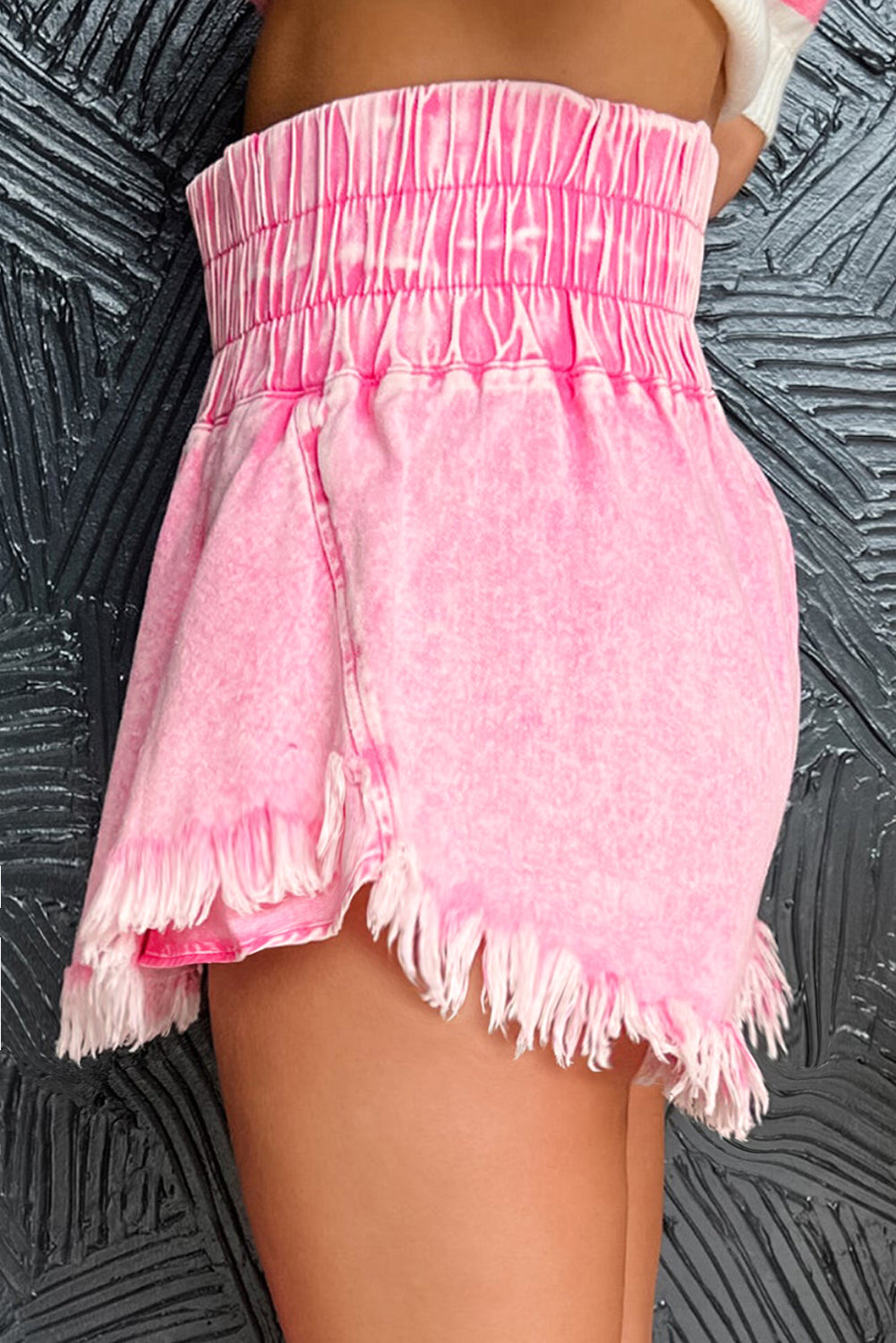 Pink Washed Wide Smocked Waistband Frayed Denim Shorts