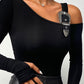 Cold Shoulder Long Sleeve Buckled Slim Fit Top