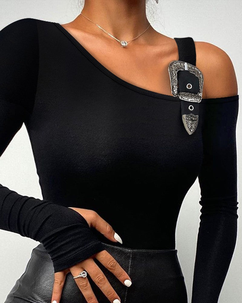 Cold Shoulder Long Sleeve Buckled Slim Fit Top