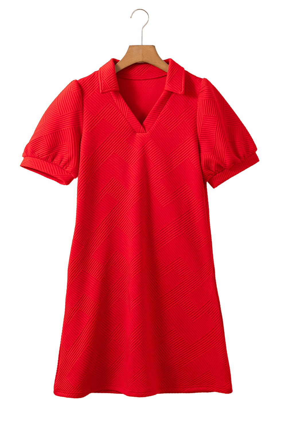 Fiery Red Textured Collared V Neck Puff Short Sleeve Shift Mini Dress