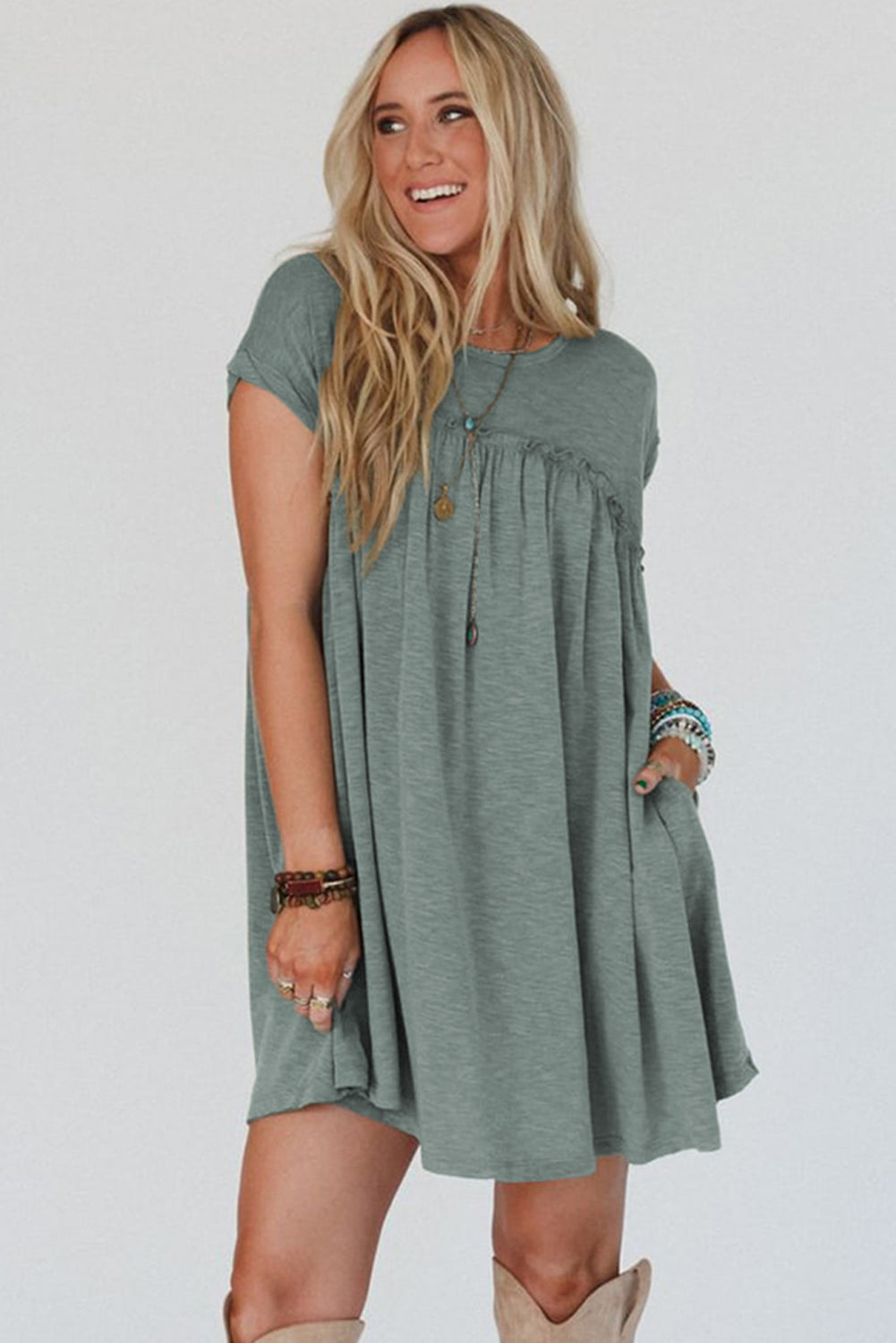 Mist Green Frilled Gathered Seam Round Neck T Shirt Dress