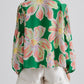 Green Floral Print Button up Pleated Puff Sleeve Loose Shirt