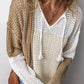 Brown Colorblock Hollow-out Front Tie V Neck Lightweight Sweater