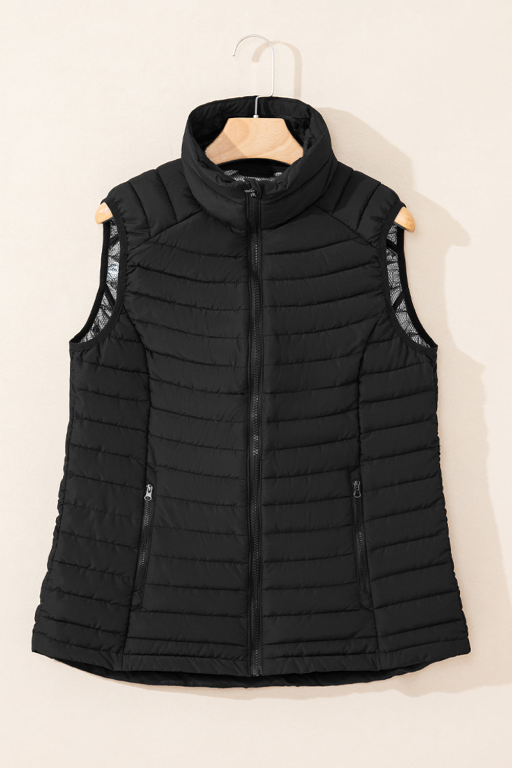 Black Plush Collared Quilted Zipped Puffer Vest