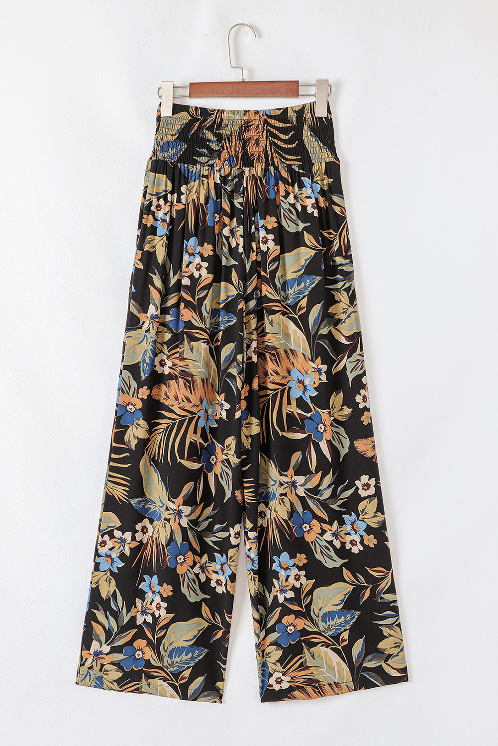 Multicolour Floral Shirred High Waist Wide Leg Pants with Tie