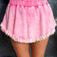 Pink Washed Wide Smocked Waistband Frayed Denim Shorts