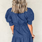 Blue Drawstring High Waist Puff Sleeve Denim Mini Dress