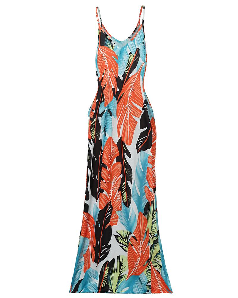 Leaf Print Pocket Design Maxi Dress