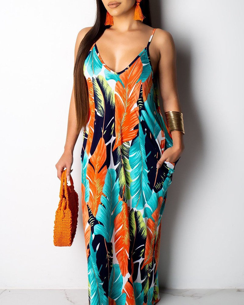 Leaf Print Pocket Design Maxi Dress