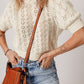 Beige Hollowed Pattern Knit Short Puff Sleeve Sweater